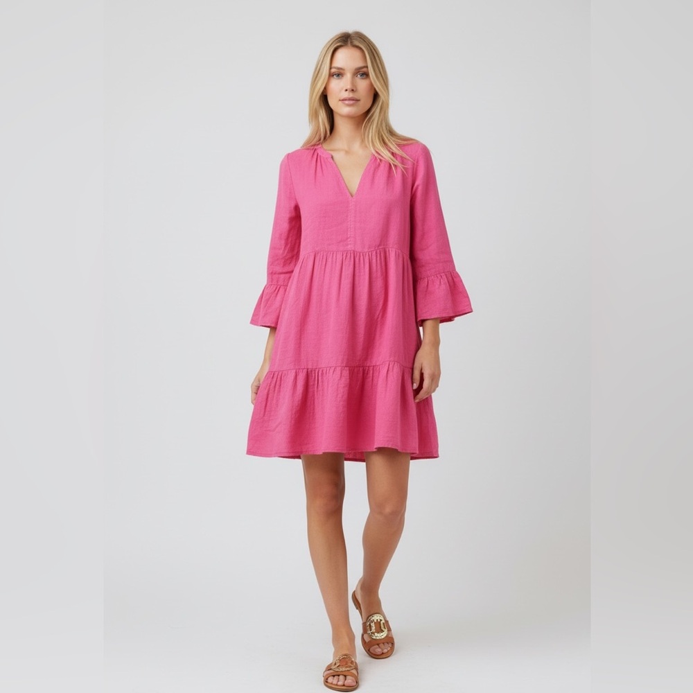 Aurora Dress Pink Linen Split Neck Mini Dress by Velvet & Graham Spencer Casual